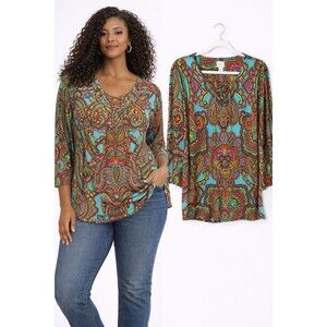 Chicos Tunic Top Size XL Multi Color Paisley Boho Retro